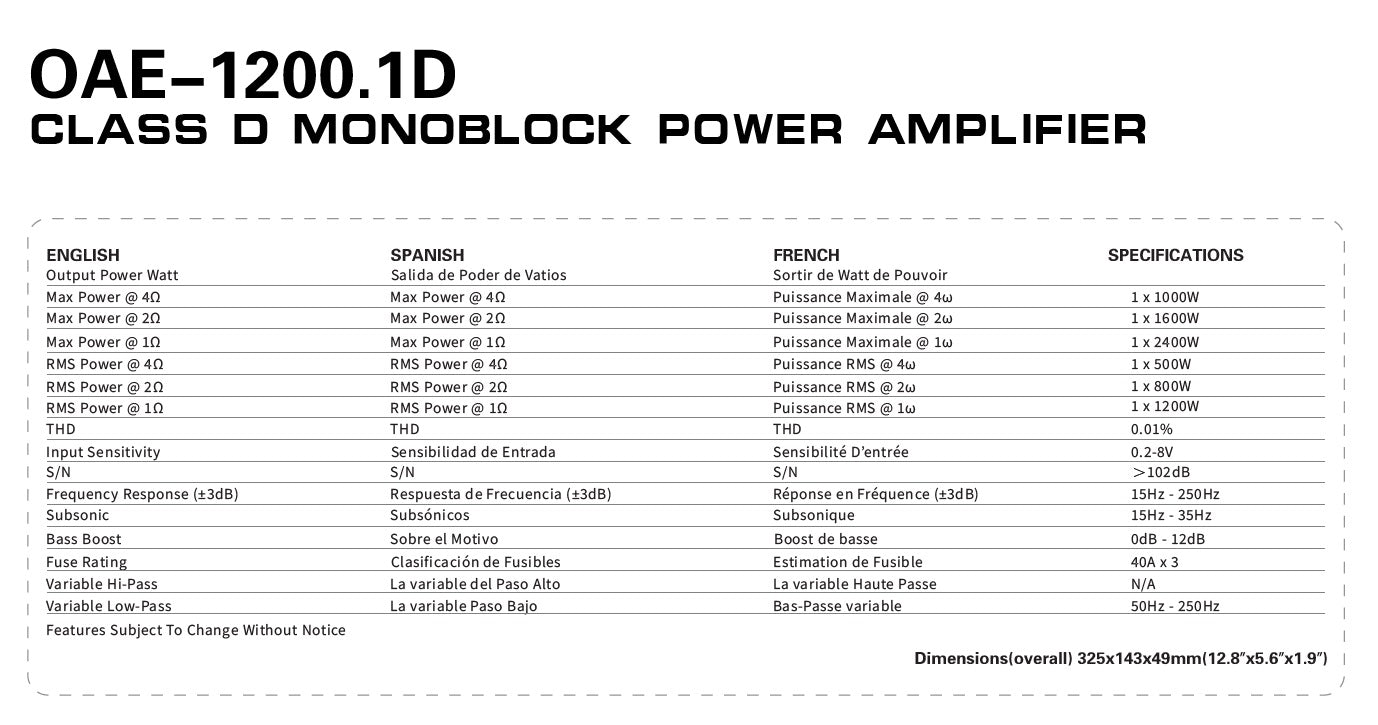 OceanAudio OAE-1200.1D Monoblock Class D Amplifier with Remote Subwoofer Level Control, 2400W - RMS Power @4Ω 1*480W @2Ω 1*800W @1Ω 1*1200W Max Power @1Ω 1*2400W